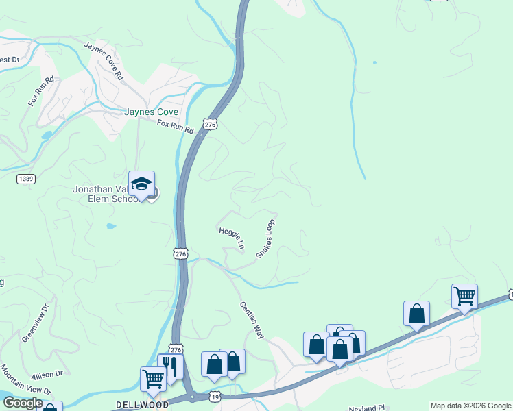 map of restaurants, bars, coffee shops, grocery stores, and more near 45 Rons Ridge in Waynesville