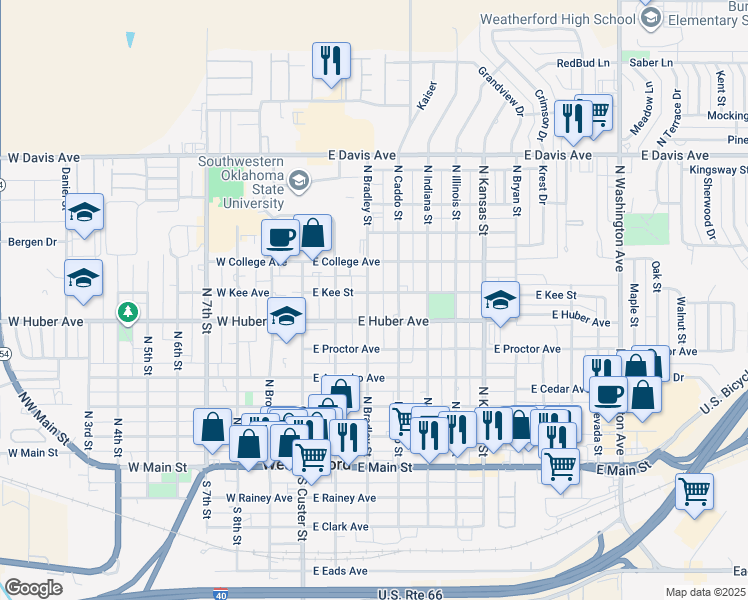 map of restaurants, bars, coffee shops, grocery stores, and more near 620 North Bradley Street in Weatherford
