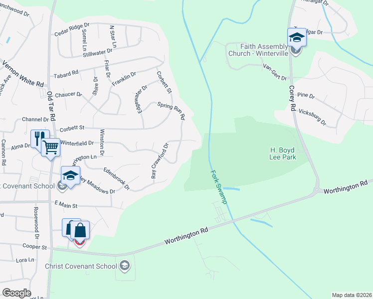 map of restaurants, bars, coffee shops, grocery stores, and more near 886 Ray Crawford Drive in Winterville