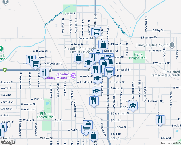 map of restaurants, bars, coffee shops, grocery stores, and more near 211 Sunset Drive in El Reno