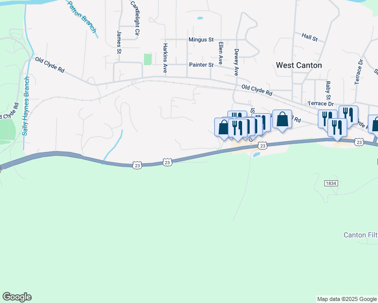 map of restaurants, bars, coffee shops, grocery stores, and more near 121 Harkins Cove Road in Canton