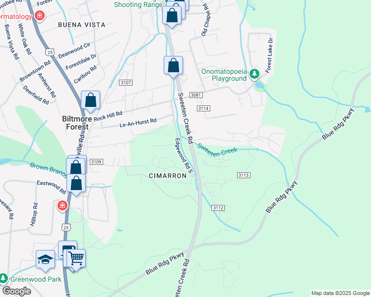map of restaurants, bars, coffee shops, grocery stores, and more near 1459 Sweeten Creek Road in Asheville