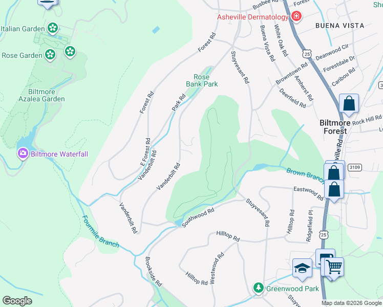 map of restaurants, bars, coffee shops, grocery stores, and more near 402 Vanderbilt Road in Biltmore Forest