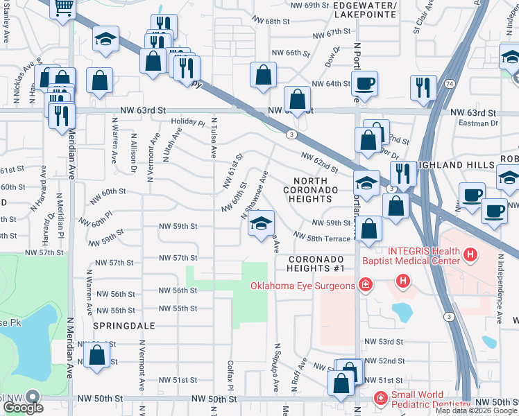 map of restaurants, bars, coffee shops, grocery stores, and more near 5953 North Sapulpa Avenue in Oklahoma City