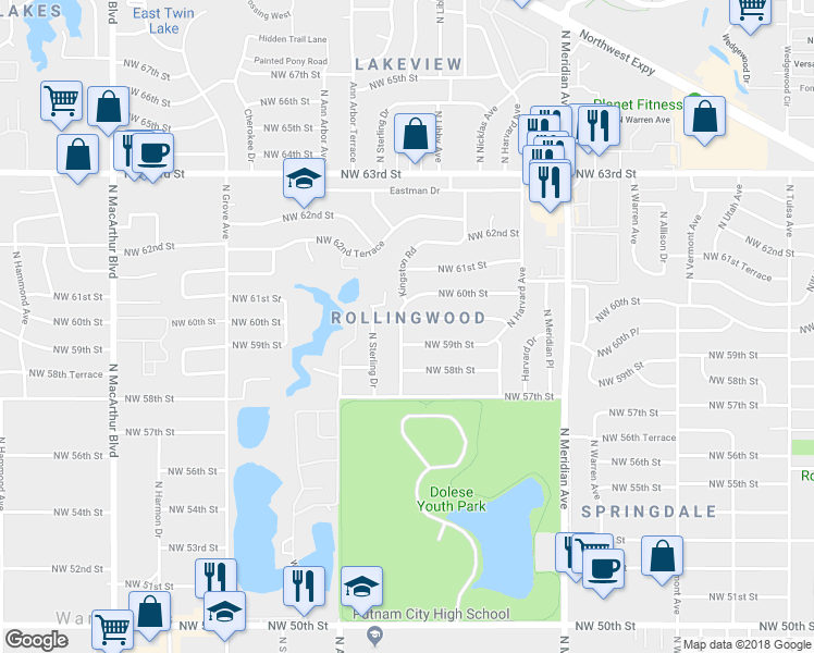 map of restaurants, bars, coffee shops, grocery stores, and more near 5929 Kingston Road in Oklahoma City