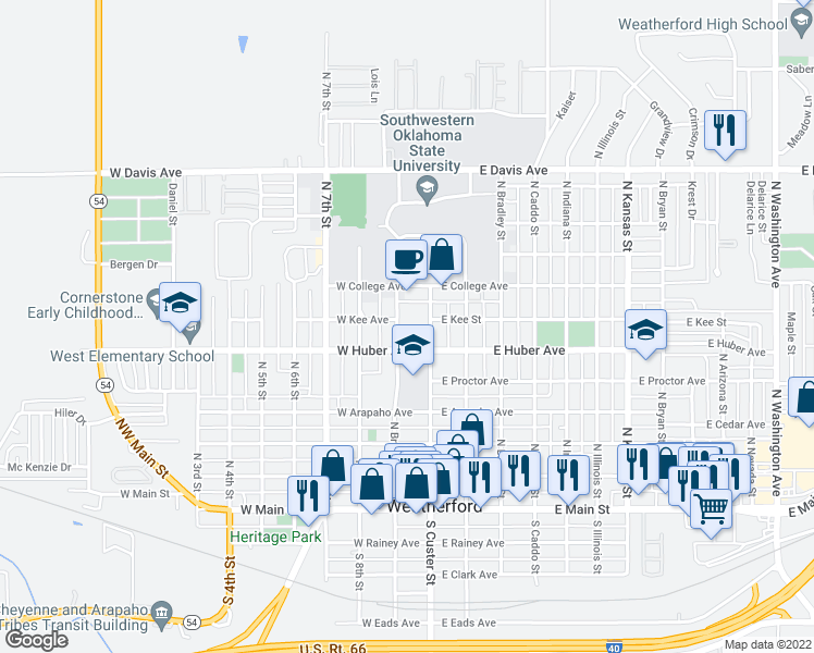 map of restaurants, bars, coffee shops, grocery stores, and more near 624 North Broadway Street in Weatherford