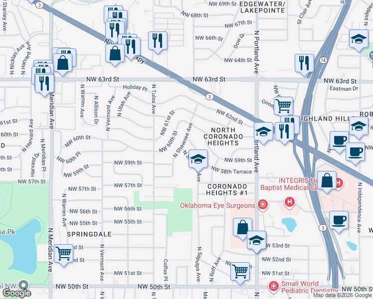 map of restaurants, bars, coffee shops, grocery stores, and more near 5953 North Sapulpa Avenue in Oklahoma City