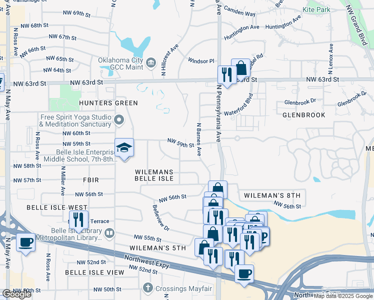 map of restaurants, bars, coffee shops, grocery stores, and more near 2300 North Youngs Boulevard in Oklahoma City