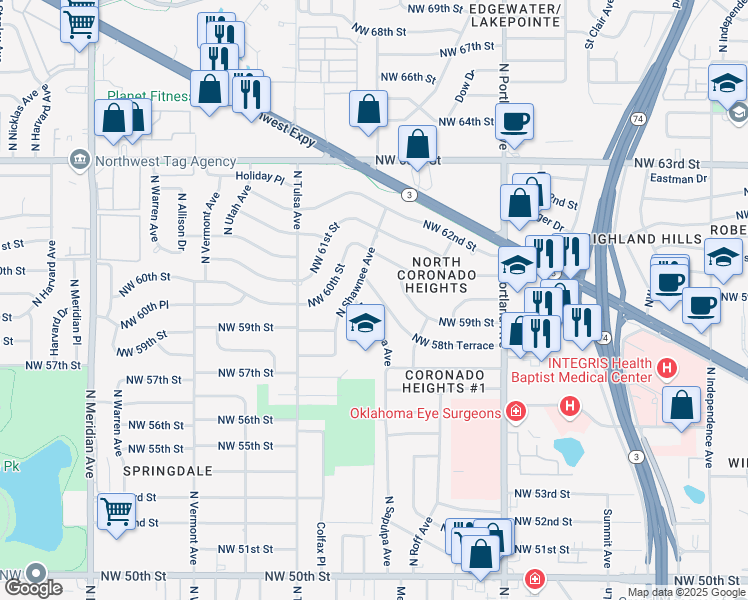 map of restaurants, bars, coffee shops, grocery stores, and more near 3933 Northwest 58th Terrace in Oklahoma City