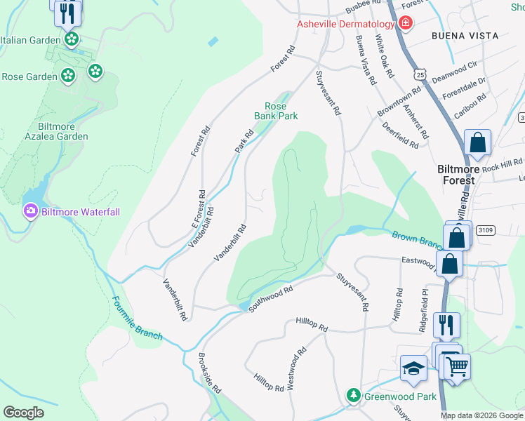 map of restaurants, bars, coffee shops, grocery stores, and more near 402 Vanderbilt Road in Biltmore Forest