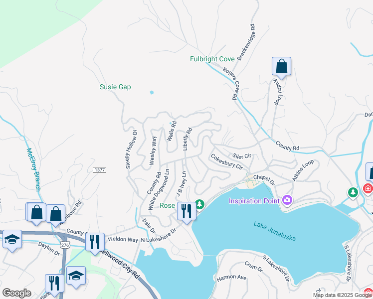 map of restaurants, bars, coffee shops, grocery stores, and more near 44 Liberty Road in Waynesville