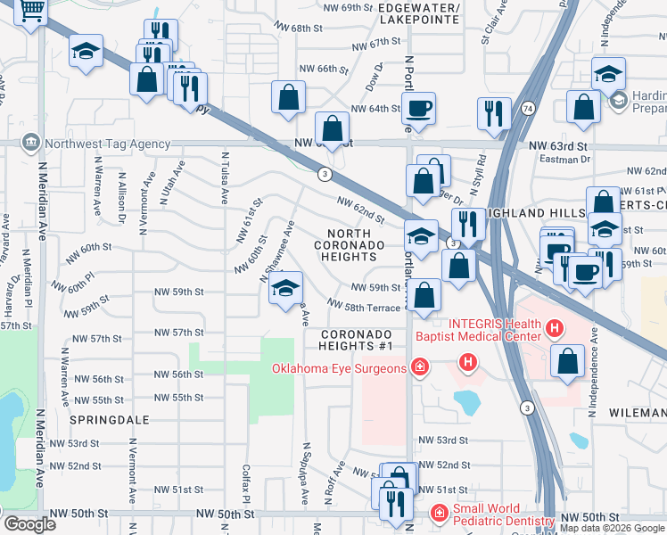 map of restaurants, bars, coffee shops, grocery stores, and more near 3913 Northwest 59th Street in Oklahoma City