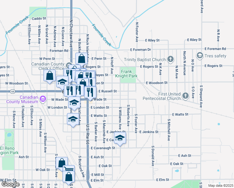 map of restaurants, bars, coffee shops, grocery stores, and more near 200 South Williams Avenue in El Reno