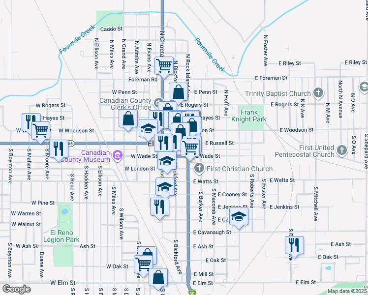 map of restaurants, bars, coffee shops, grocery stores, and more near 200 South Rock Island Avenue in El Reno
