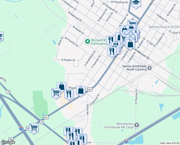 map of restaurants, bars, coffee shops, grocery stores, and more near 627 South Sumner Street in Selma