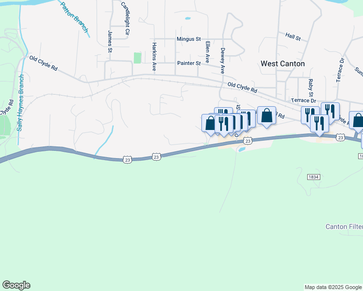 map of restaurants, bars, coffee shops, grocery stores, and more near 121 Harkins Cove Road in Canton