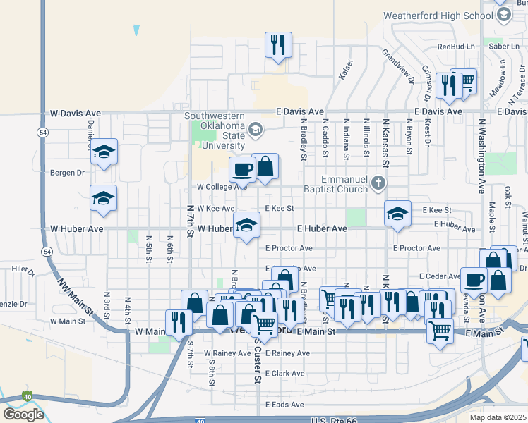 map of restaurants, bars, coffee shops, grocery stores, and more near 620 Custer Street in Weatherford