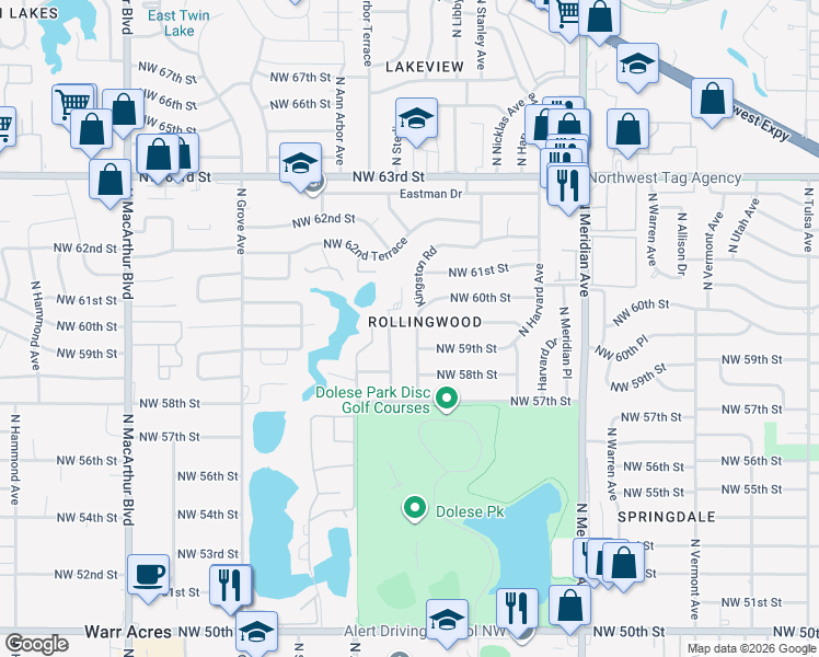 map of restaurants, bars, coffee shops, grocery stores, and more near 5929 Kingston Road in Oklahoma City