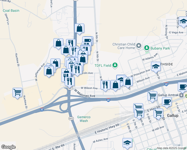 map of restaurants, bars, coffee shops, grocery stores, and more near 1001 West Lincoln Avenue in Gallup
