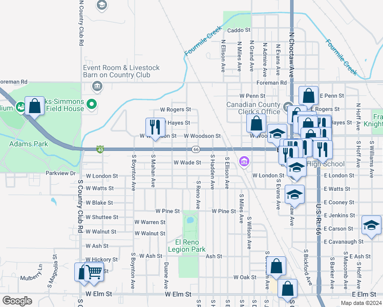 map of restaurants, bars, coffee shops, grocery stores, and more near 913 Sunset Drive in El Reno