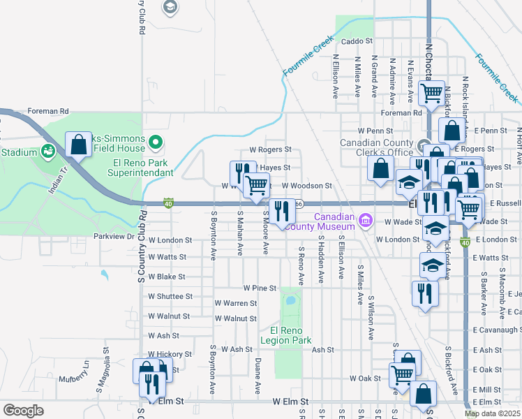 map of restaurants, bars, coffee shops, grocery stores, and more near 1101 Sunset Drive in El Reno