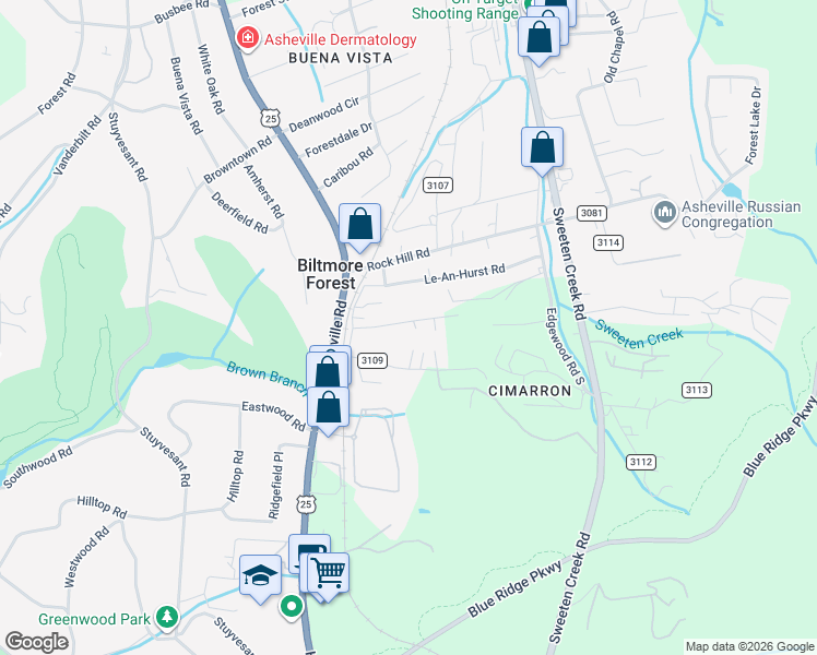 map of restaurants, bars, coffee shops, grocery stores, and more near 59 Bellevue Road in Asheville
