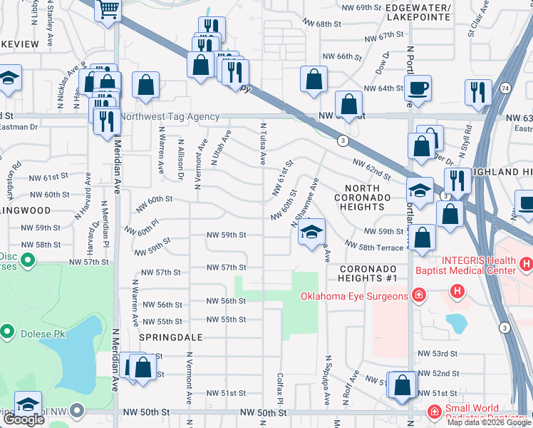 map of restaurants, bars, coffee shops, grocery stores, and more near 4061 Northwest 60th Street in Oklahoma City