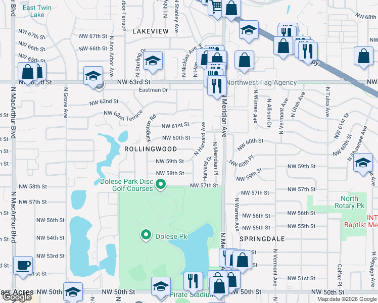 map of restaurants, bars, coffee shops, grocery stores, and more near 4601 Northwest 59th Terrace in Oklahoma City