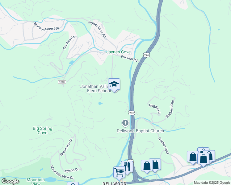 map of restaurants, bars, coffee shops, grocery stores, and more near 410 Hall Drive in Waynesville