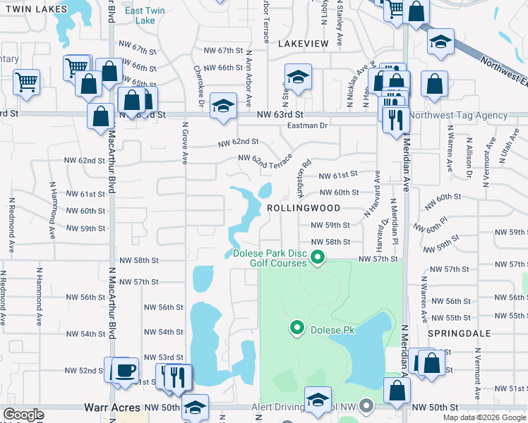 map of restaurants, bars, coffee shops, grocery stores, and more near 5925 North Ann Arbor Avenue in Oklahoma City