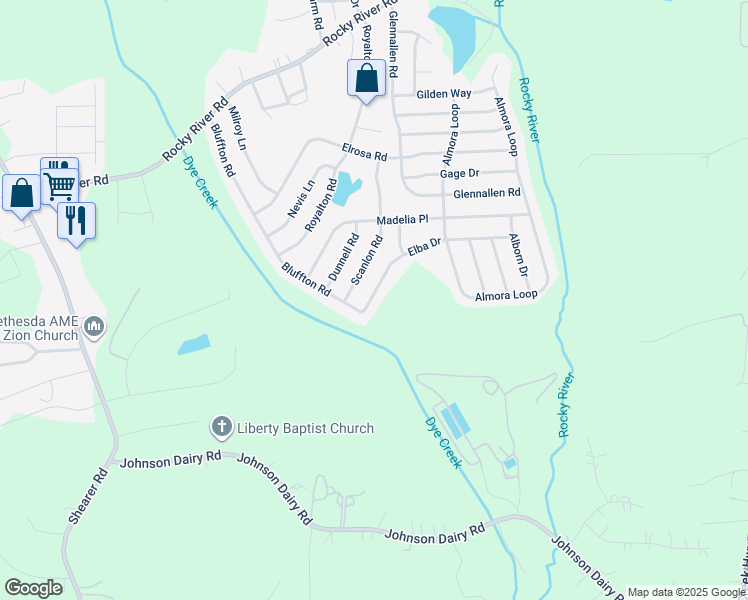 map of restaurants, bars, coffee shops, grocery stores, and more near 112 Elba Drive in Mooresville