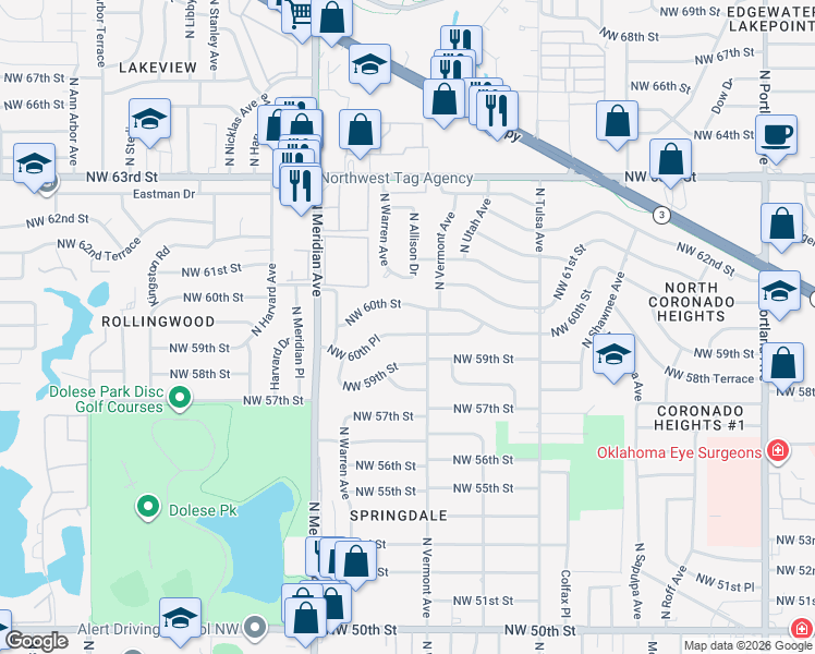 map of restaurants, bars, coffee shops, grocery stores, and more near 4311 Northwest 60th Place in Oklahoma City