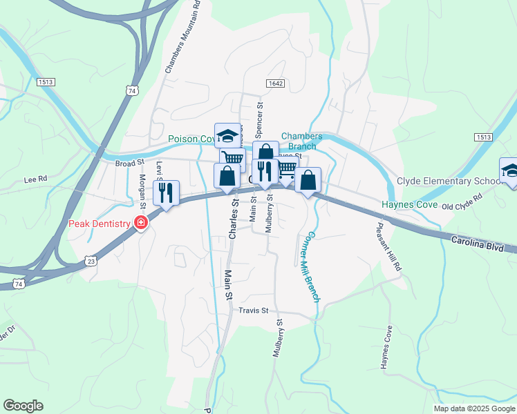 map of restaurants, bars, coffee shops, grocery stores, and more near 74 Maple Street in Clyde
