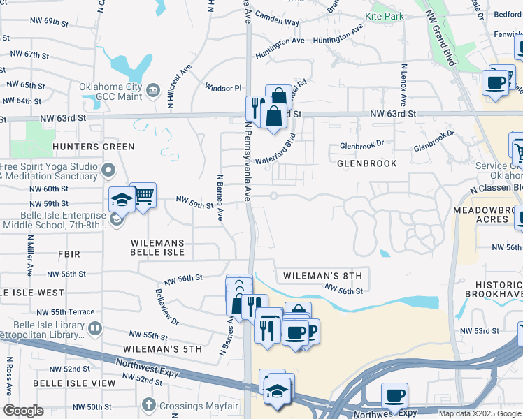 map of restaurants, bars, coffee shops, grocery stores, and more near 5912 North Pennsylvania Avenue in Oklahoma City