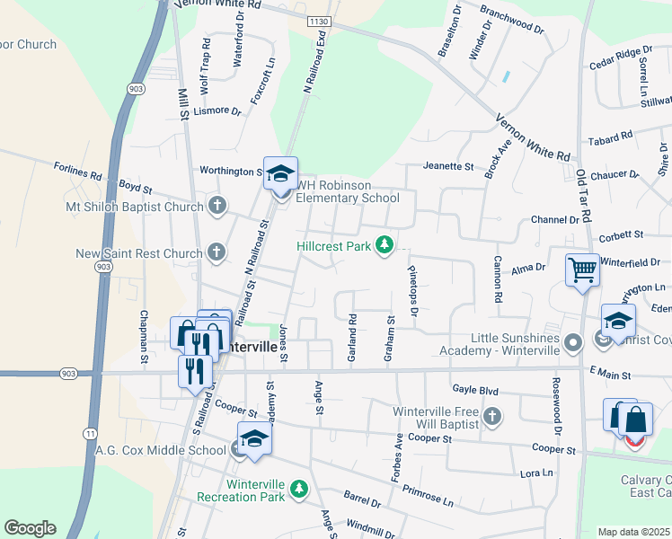 map of restaurants, bars, coffee shops, grocery stores, and more near 605 Moonstone Court in Winterville