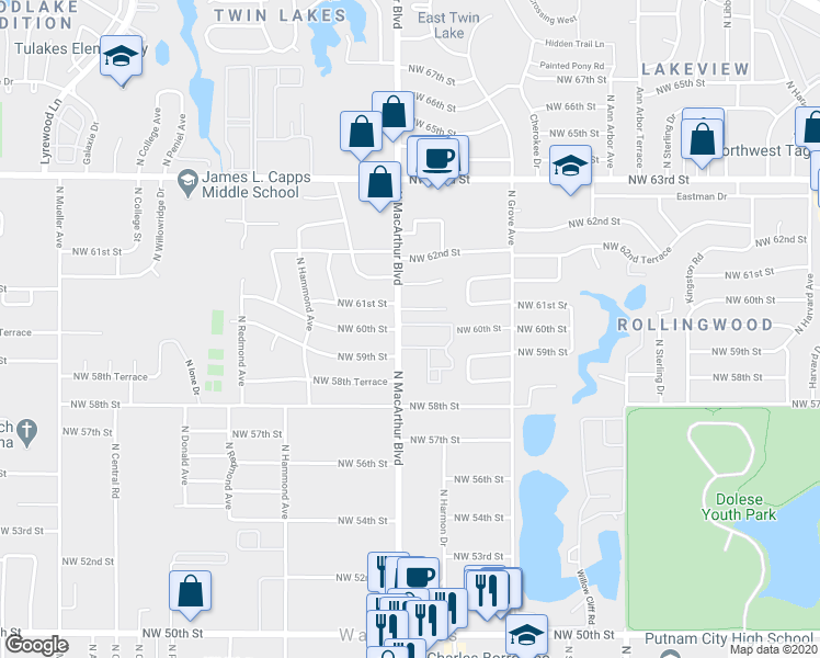 map of restaurants, bars, coffee shops, grocery stores, and more near 6104 North MacArthur Boulevard in Warr Acres