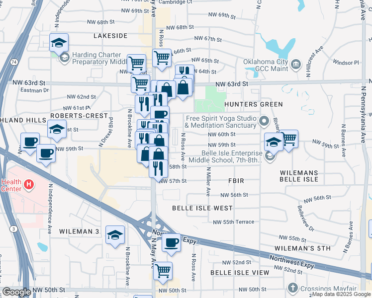 map of restaurants, bars, coffee shops, grocery stores, and more near 5920 North Ross Avenue in Oklahoma City