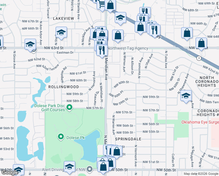 map of restaurants, bars, coffee shops, grocery stores, and more near 6109 North Warren Avenue in Oklahoma City