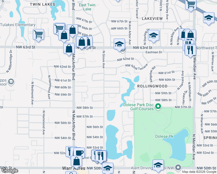 map of restaurants, bars, coffee shops, grocery stores, and more near 5025a Northwest 60th Street in Oklahoma City