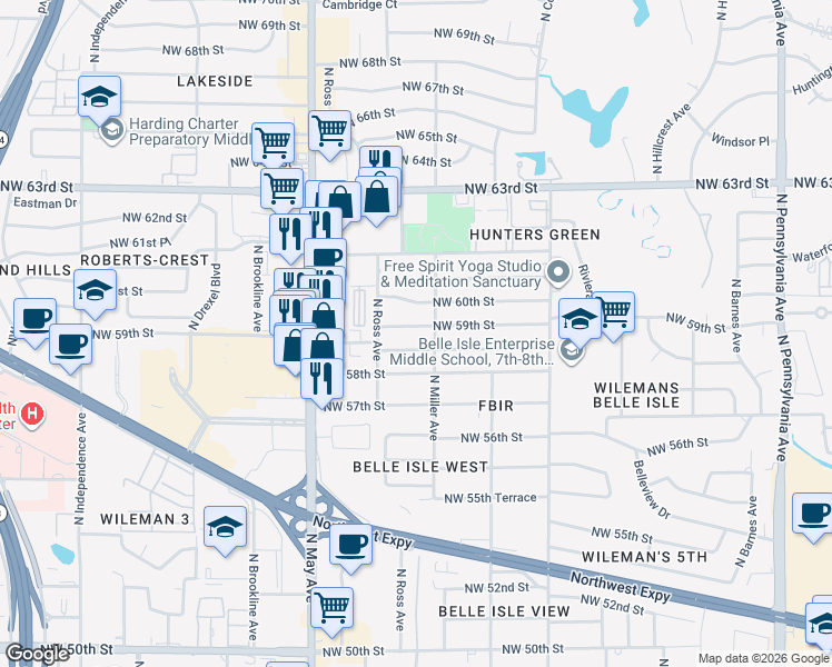 map of restaurants, bars, coffee shops, grocery stores, and more near 2708 Northwest 59th Street in Oklahoma City
