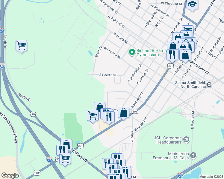map of restaurants, bars, coffee shops, grocery stores, and more near 512 Jones Avenue in Selma