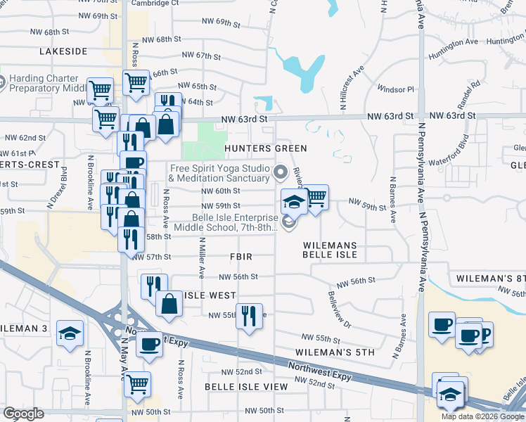 map of restaurants, bars, coffee shops, grocery stores, and more near 2508 Northwest 59th Street in Oklahoma City