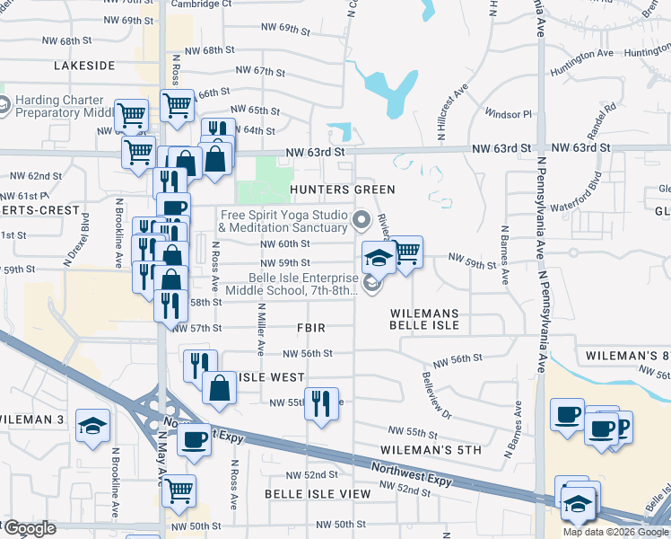map of restaurants, bars, coffee shops, grocery stores, and more near 2508 Northwest 59th Street in Oklahoma City