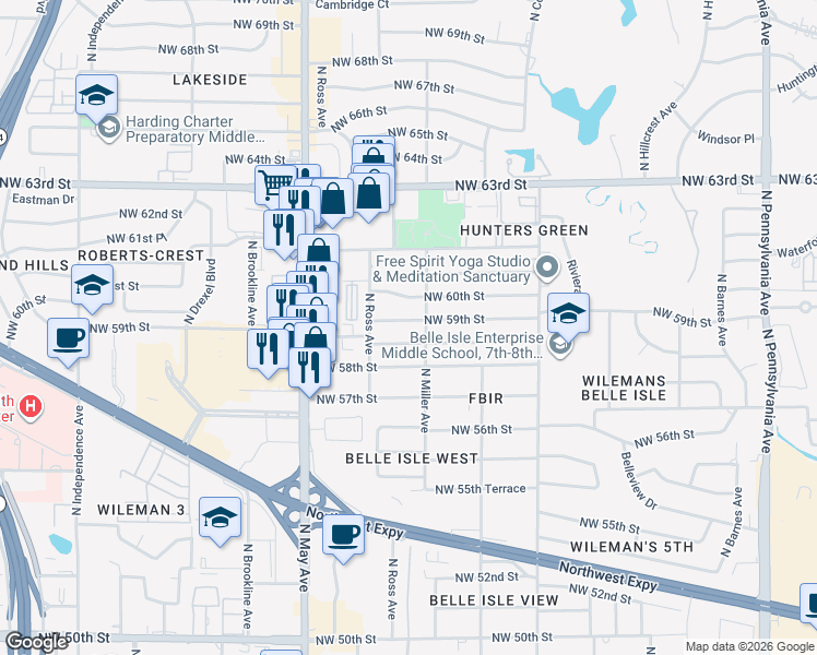 map of restaurants, bars, coffee shops, grocery stores, and more near 2708 Northwest 59th Street in Oklahoma City