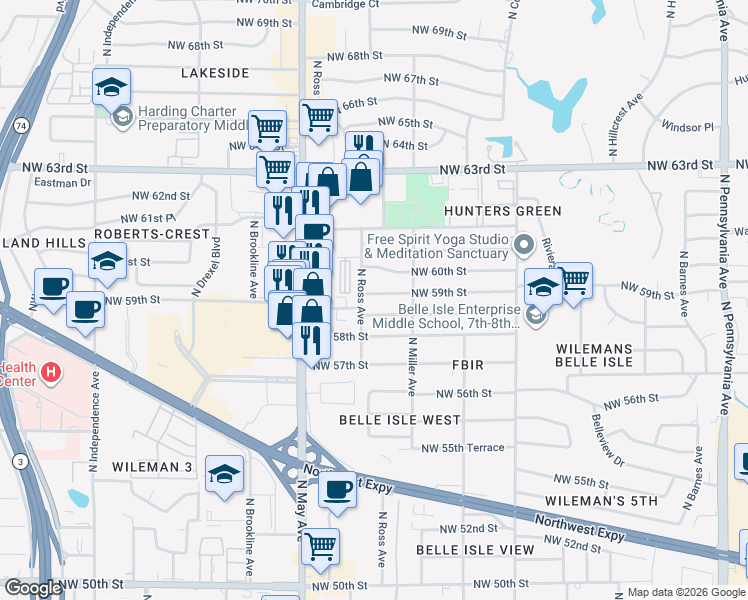 map of restaurants, bars, coffee shops, grocery stores, and more near 5920 North Ross Avenue in Oklahoma City