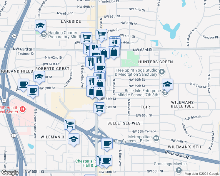 map of restaurants, bars, coffee shops, grocery stores, and more near 5920 North Ross Avenue in Oklahoma City
