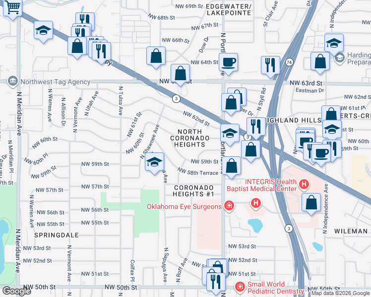 map of restaurants, bars, coffee shops, grocery stores, and more near 3913 Northwest 59th Street in Oklahoma City