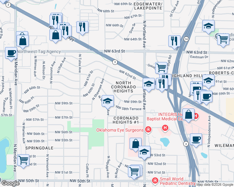 map of restaurants, bars, coffee shops, grocery stores, and more near 3913 Northwest 59th Street in Oklahoma City