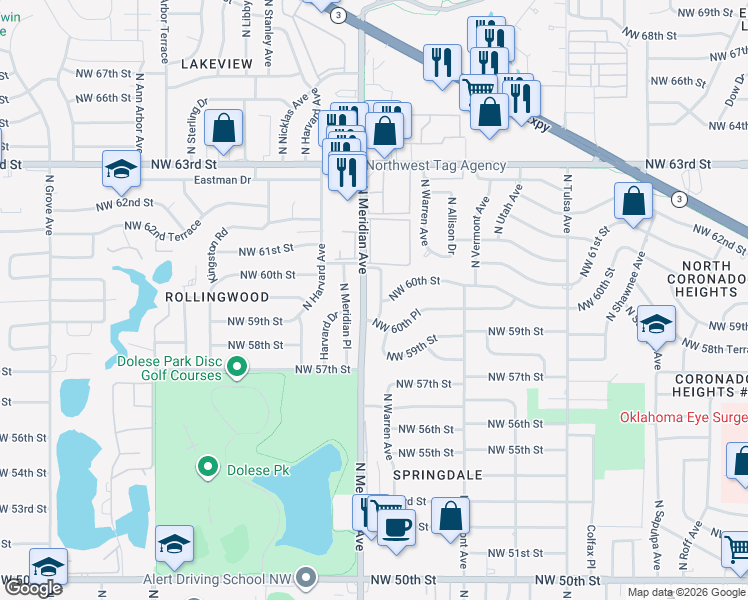 map of restaurants, bars, coffee shops, grocery stores, and more near 6109 North Warren Avenue in Oklahoma City