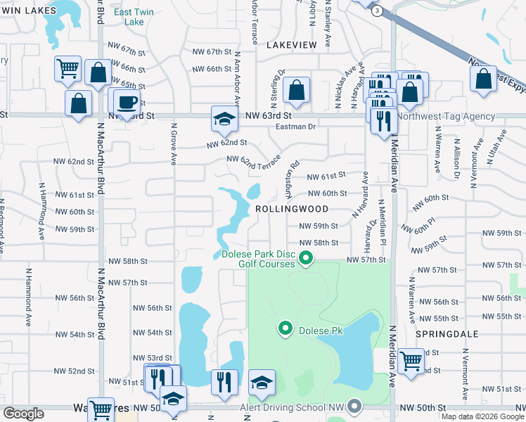 map of restaurants, bars, coffee shops, grocery stores, and more near 5925 North Ann Arbor Avenue in Oklahoma City